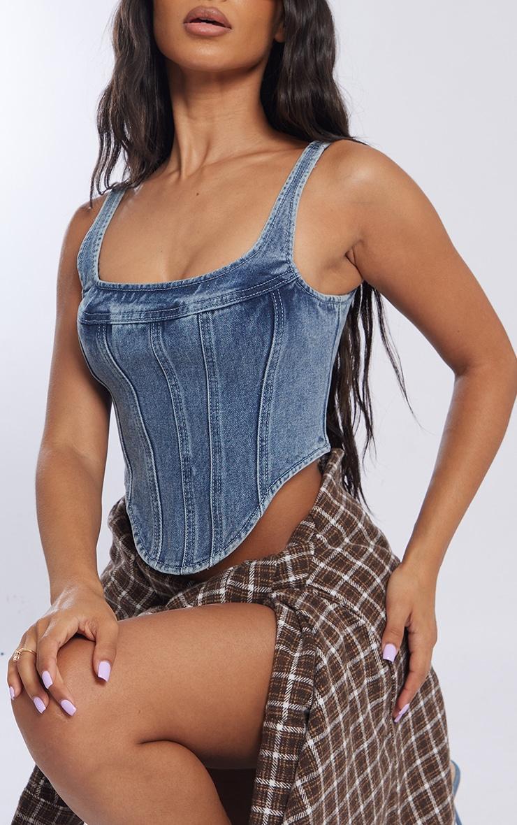 Petite Vintage Wash Denim Corset Top Product Image