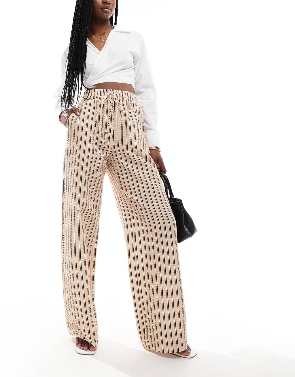 ASOS DESIGN seersucker tie waist wide leg pants in natural stripe product image