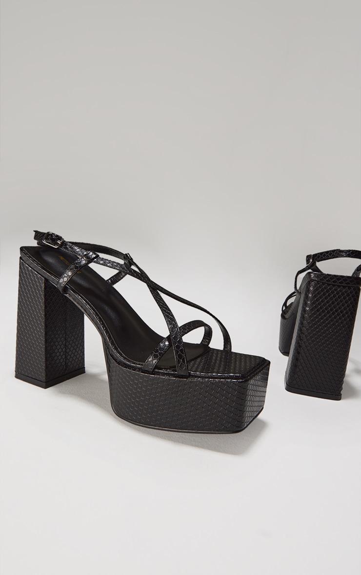 Black Croc PU Square Toe Cross Strap Platform Heeled Sandals Product Image