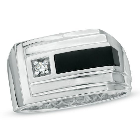 Men's Rectangular Onyx and Diamond Accent Layered Bar Ring in 10K White Gold Product Image