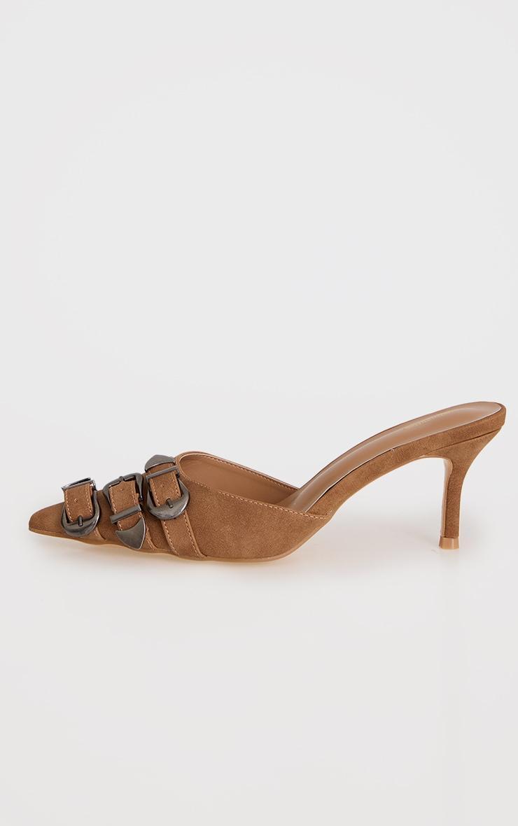 Camel Faux Suede Point Toe Western Buckle Heeled Courts Product Image