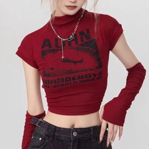 Short Sleeve Mock Neck Graphic Print Slim-Fit Crop T-Shirt with Arm Sleeves Product Image