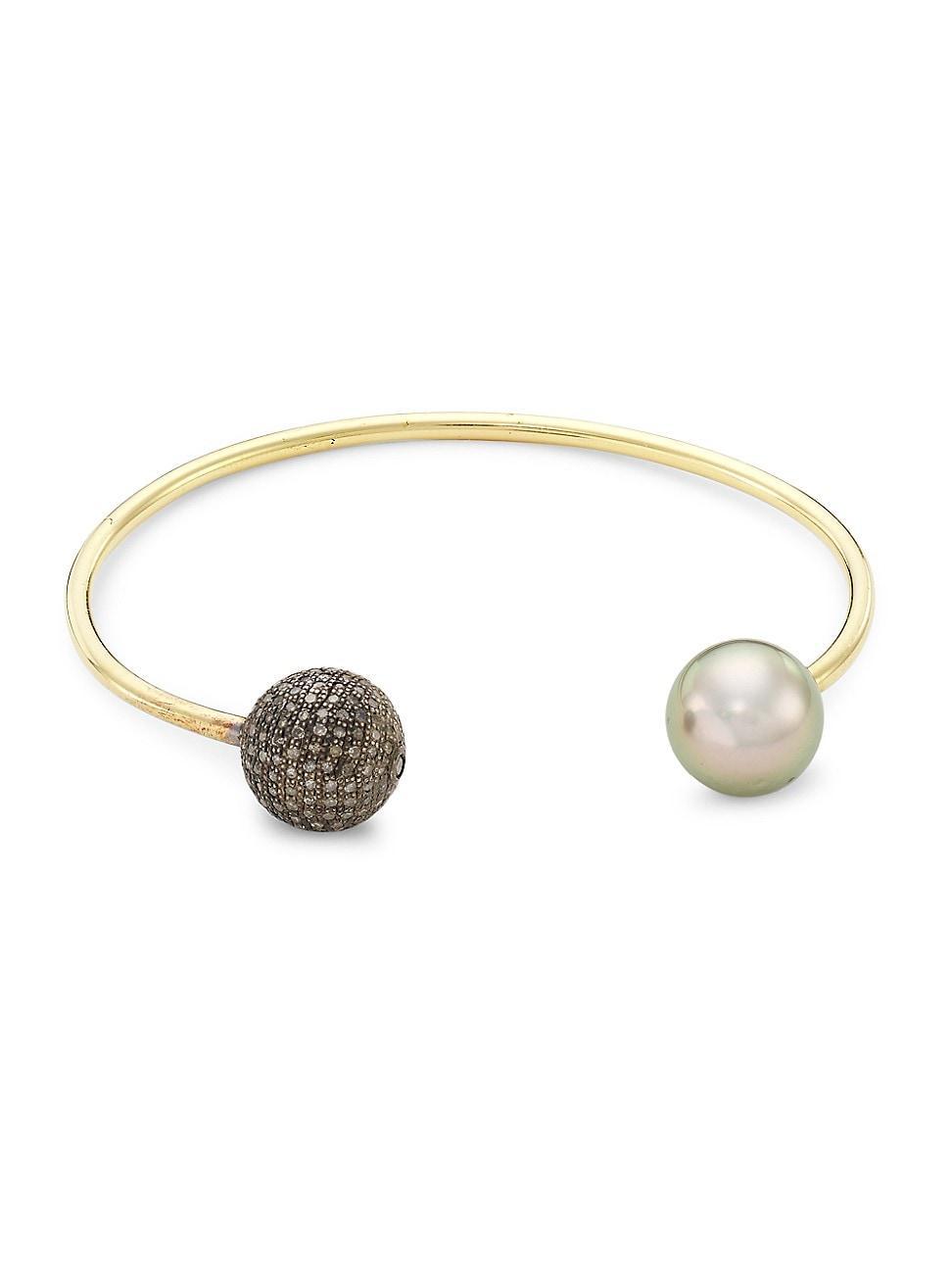 Womens 18K Yellow Gold, 12MM Tahitian Pearl, & 0.2 TCW Diamond Wire Cuff Product Image