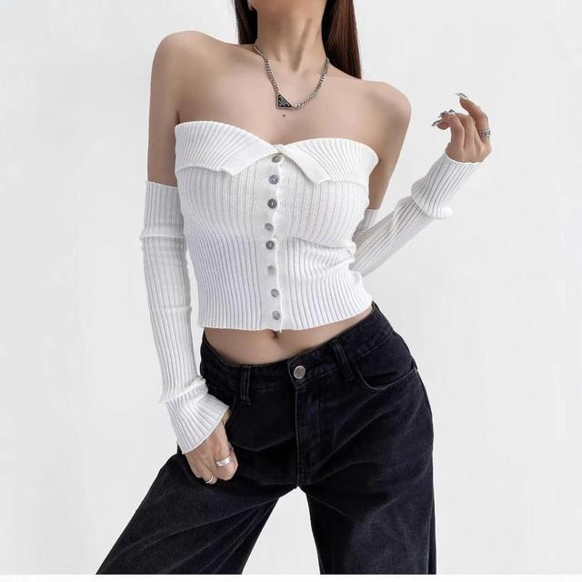 Set: Plain Button Ribbed Knit Tube Top + Arm Sleeves Product Image