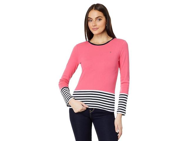 Tommy Hilfiger Long Sleeve Color-Block Stripe Tee (Rosette) Women's T Shirt Product Image