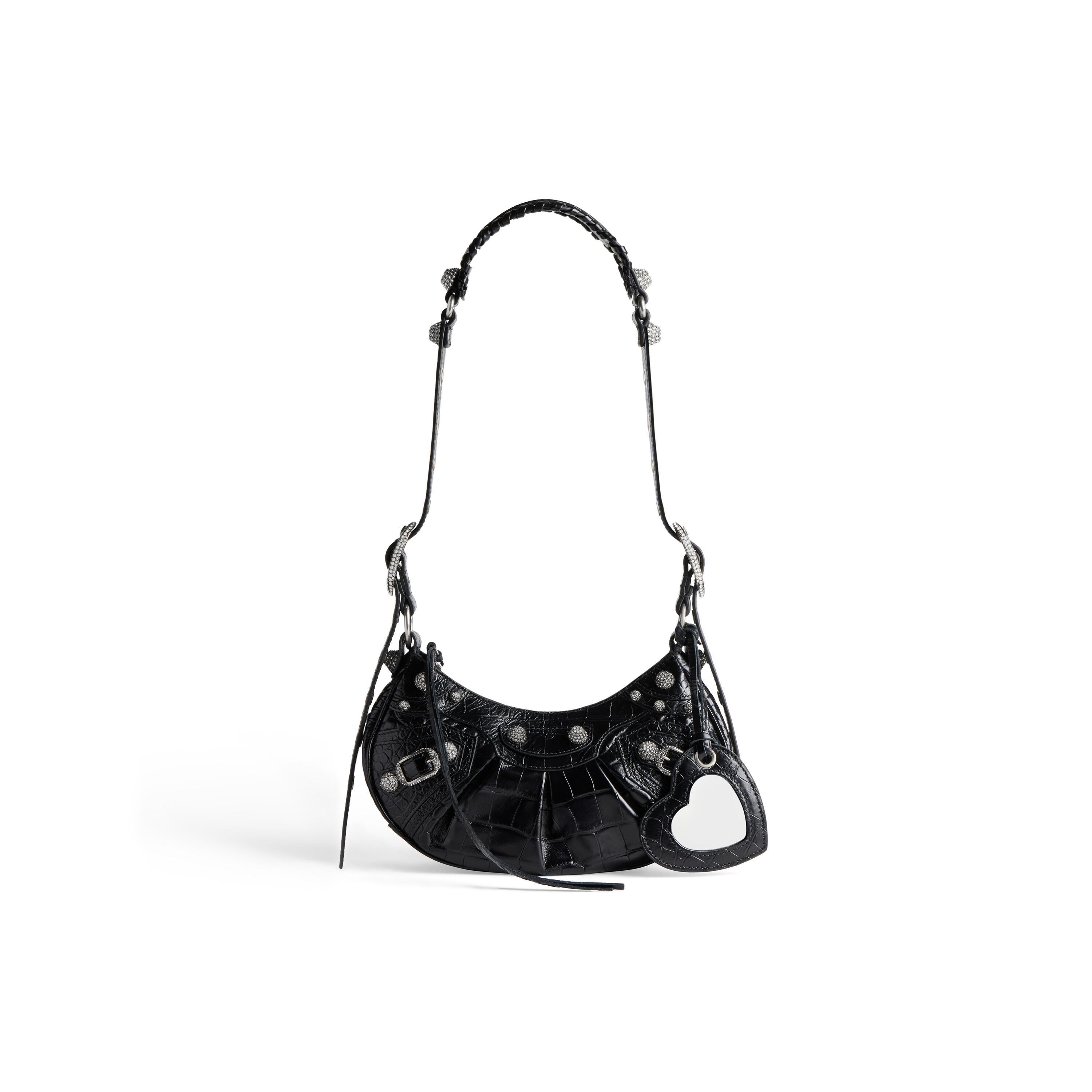 Women's Le Cagole Xs Shoulder Bag Crocodile Embossed With Rhinestones in Black Product Image