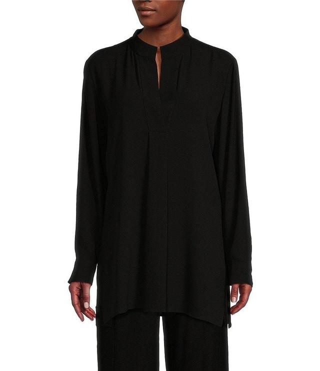 Eileen Fisher Silk Georgette Stand Collar Split V-Neck Long Sleeve Tunic Product Image