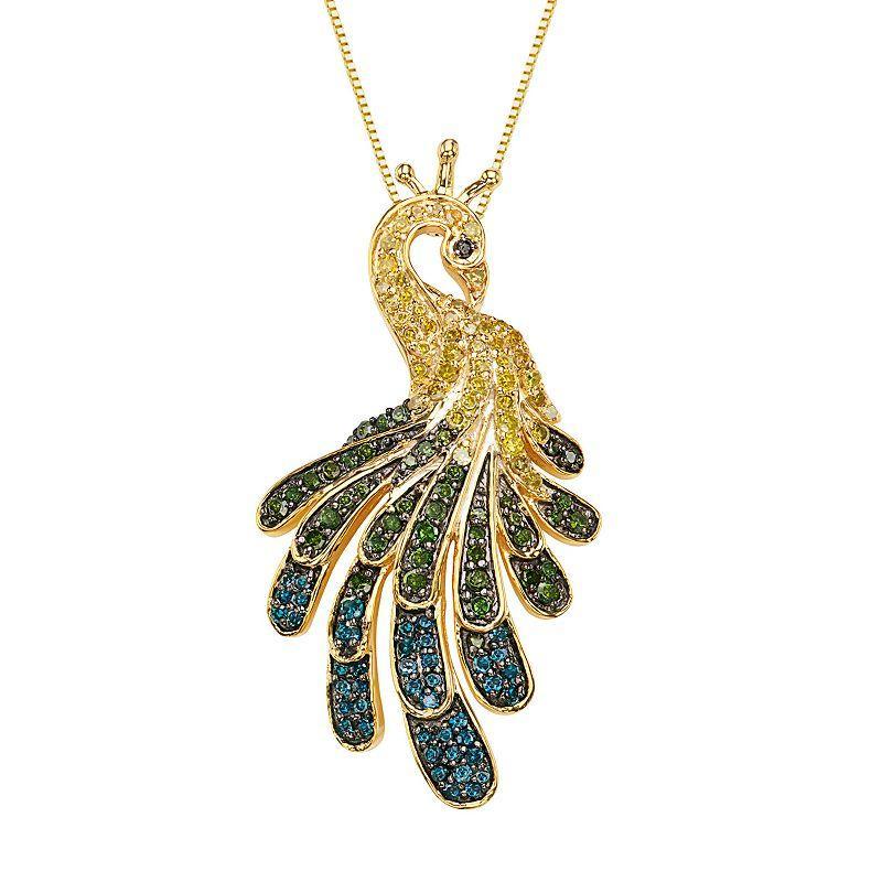 Sterling Silver 9/10 Carat T.W. Diamond Peacock Pendant Necklace, Womens Multicolor Product Image