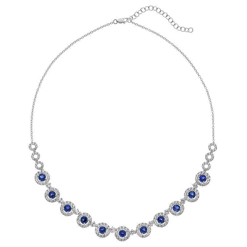 Sterling Silver Lab-Created Sapphire Halo Necklace, Womens Product Image