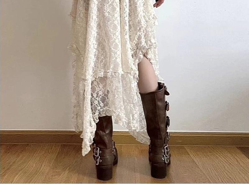 Elastic Waist Asymmetrical Lace Midi A-Line Skirt / String Belt Product Image