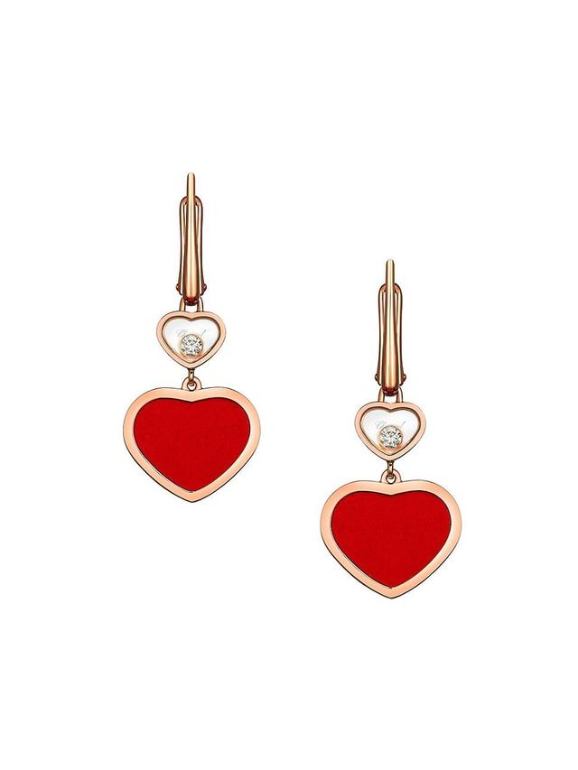 Womens Happy Hearts 18K Rose Gold, Diamond & Red Stone Drop Earrings Product Image