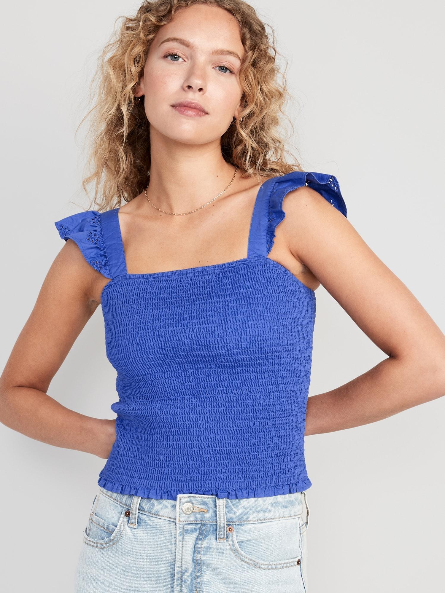 Fitted Ruffle-Trim Smocked Cropped Top for Women Product Image