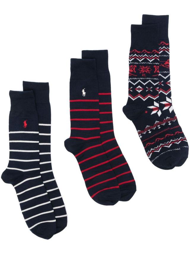 POLO RALPH LAUREN Fair Isle And Striped Socks (pack Of Three) In Blue Product Image