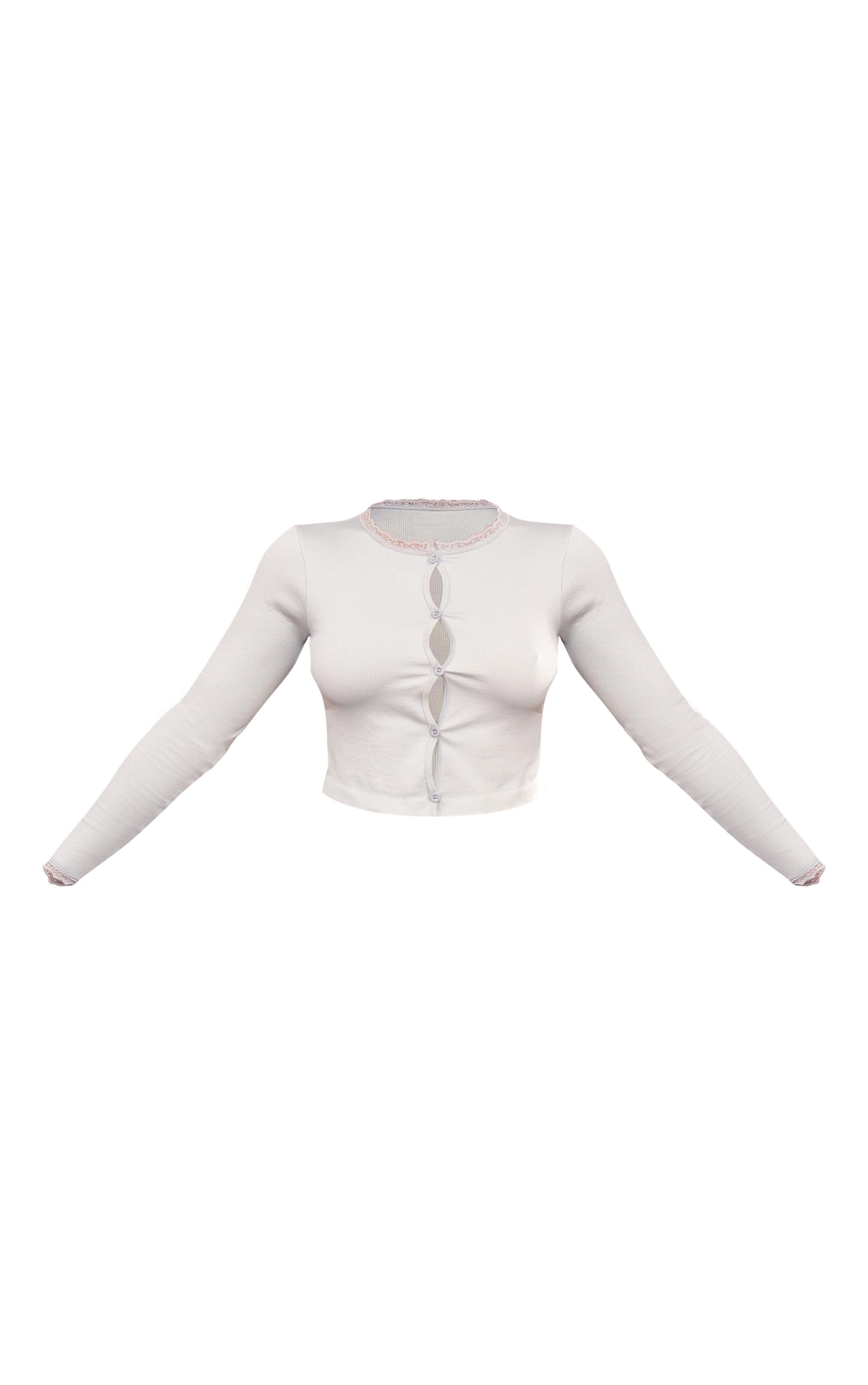 Grey Marl Lace Trim Snatched Rib Button Up Long Sleeve Top Product Image