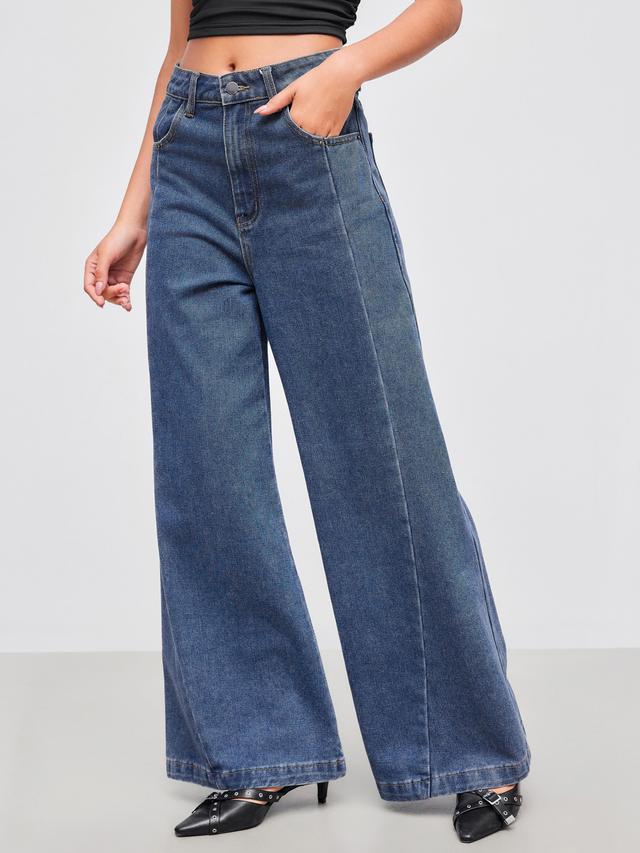 Denim Mid Waist Solid Wide Leg Jeans Product Image