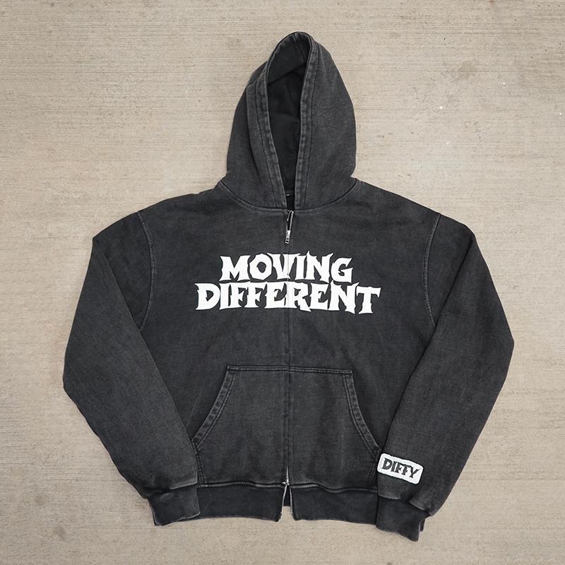 Moving Different Cross Graphic Washed Cotton Zip-Up Hoodie Product Image