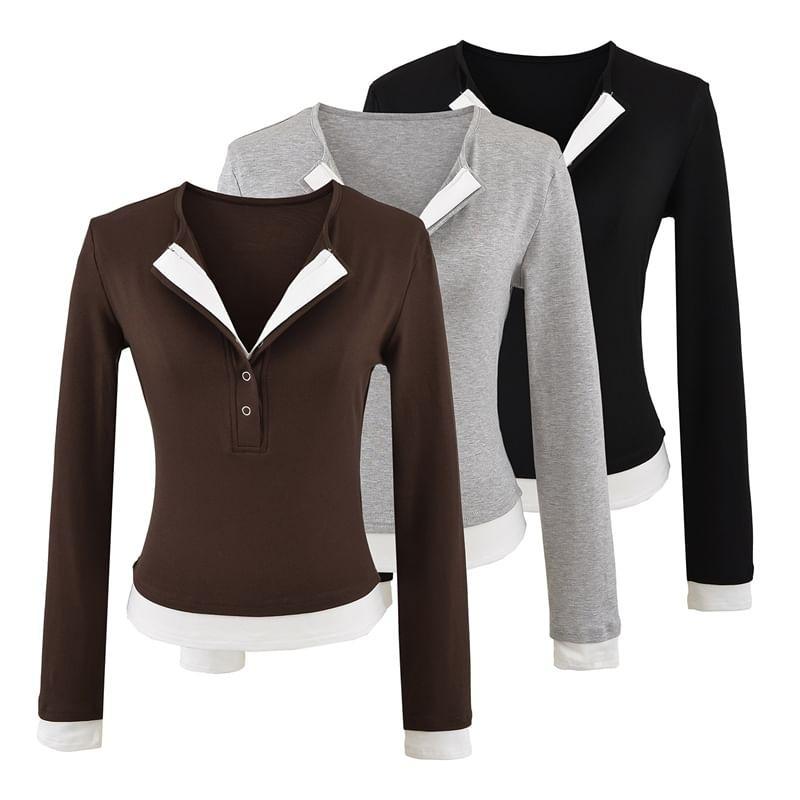 Long Sleeve Henley Neck Mock Two Piece T-Shirt Product Image