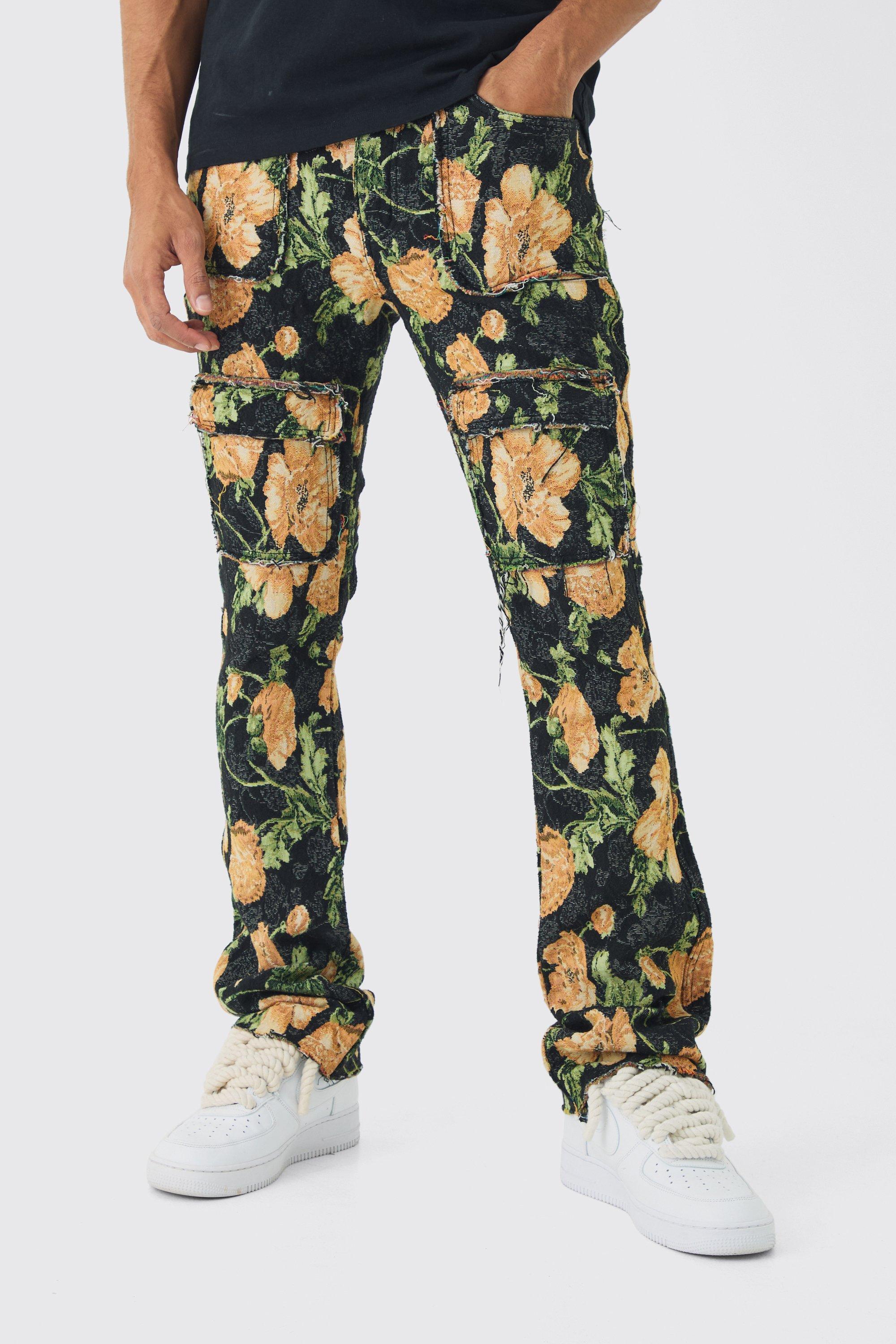 Fixed Waist Slim Flare Stacked Floral Tapestry Cargo Trouser | boohooMAN USA Product Image