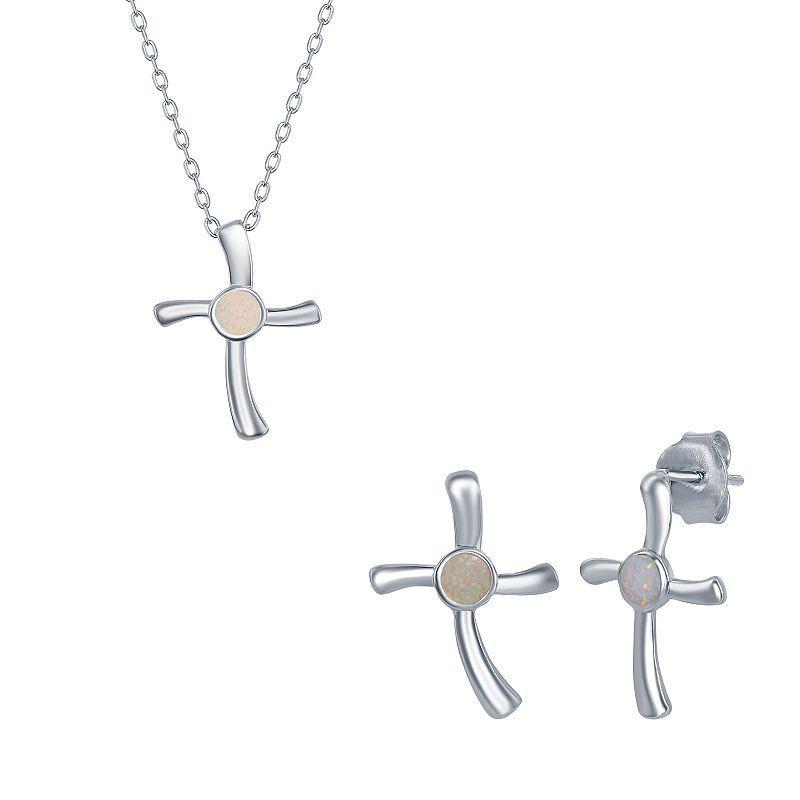 Sterling Silver Lab-Created Opal Cross Pendant Necklace & Earrings Set, Womens White Product Image