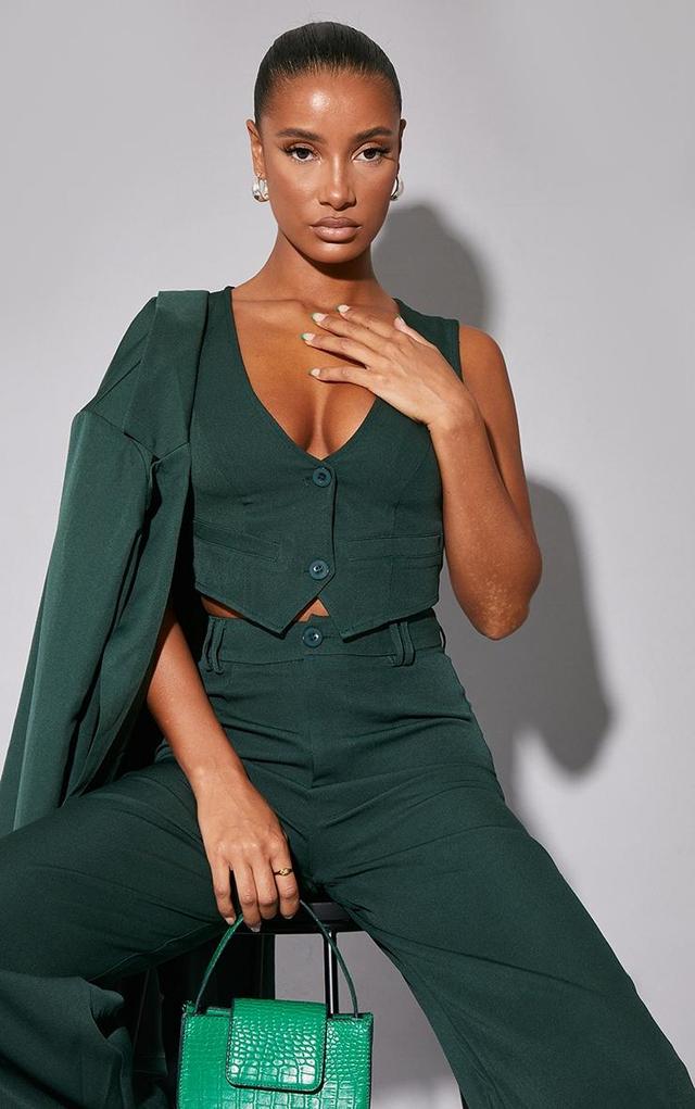 Dark Green Woven Belted Back Detail Suit Vest Top Product Image