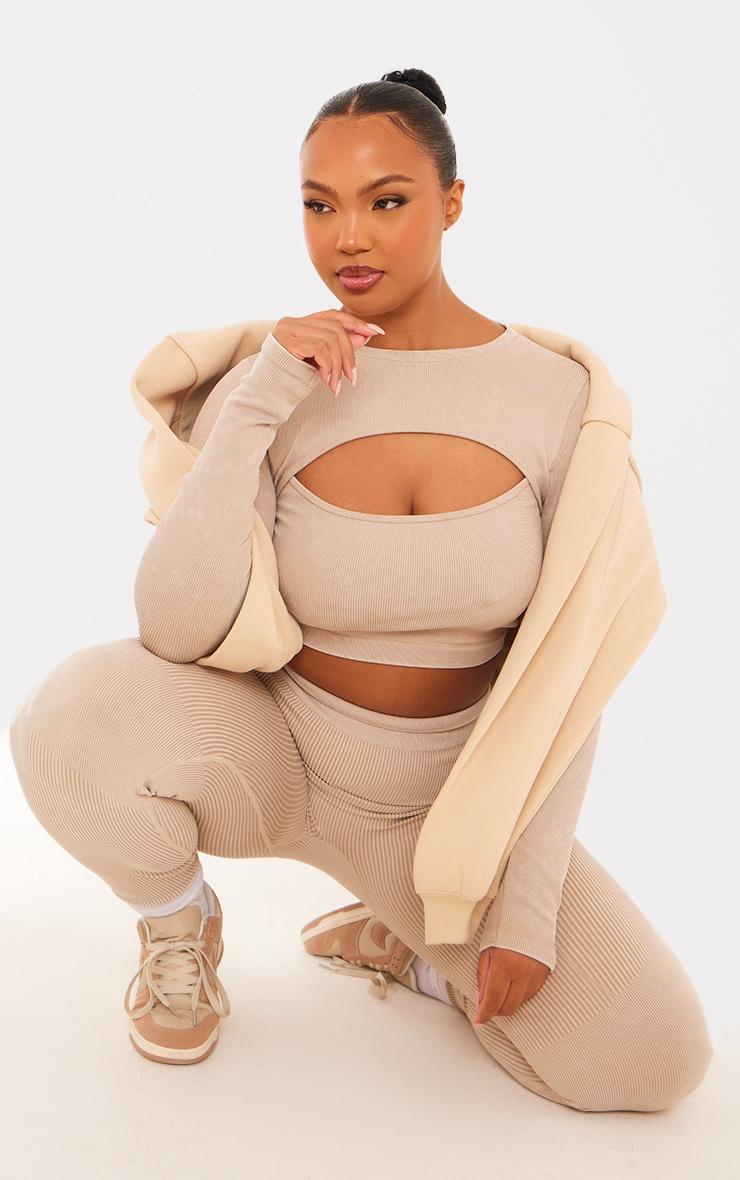 Plus Oatmeal Acid Wash Seamless Cut Out Long Sleeve Crop Top Product Image