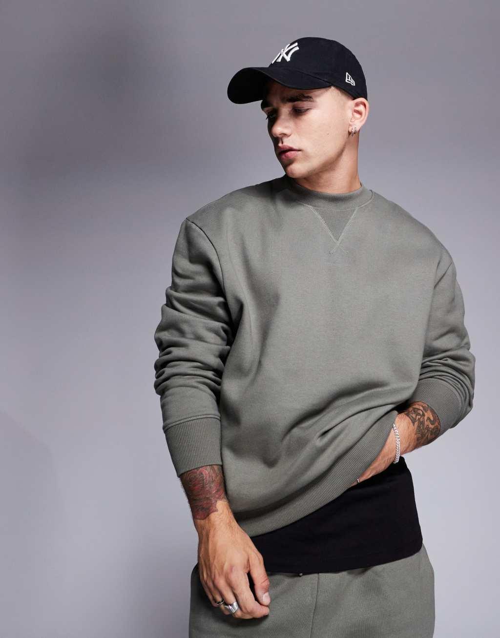 ASOS DESIGN premium heavyweight oversized sweatshirt in khaki Product Image