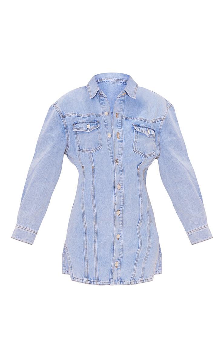 Light Blue Wash Seam Detail Long Sleeve Denim Dress Product Image