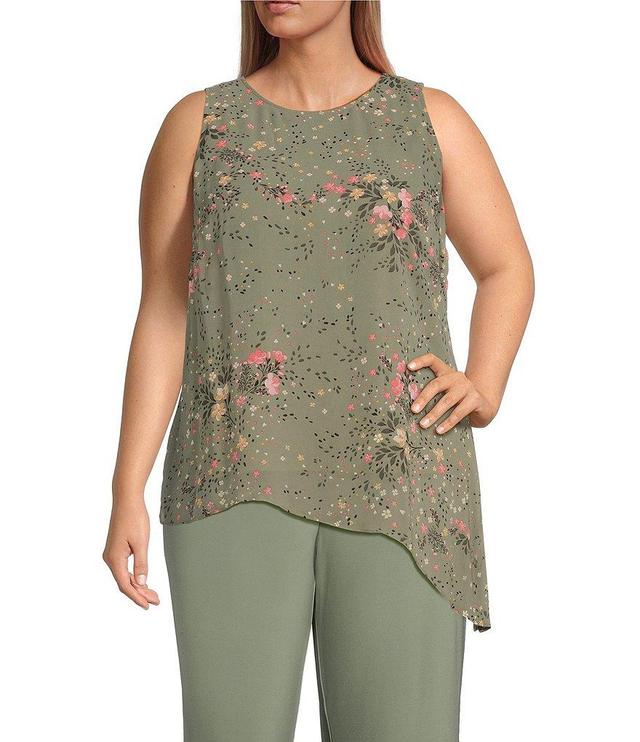 Investments Plus Size Soft Separates Floral Muse Print Crew Neck Asymmetrical Hem Tank Top Product Image