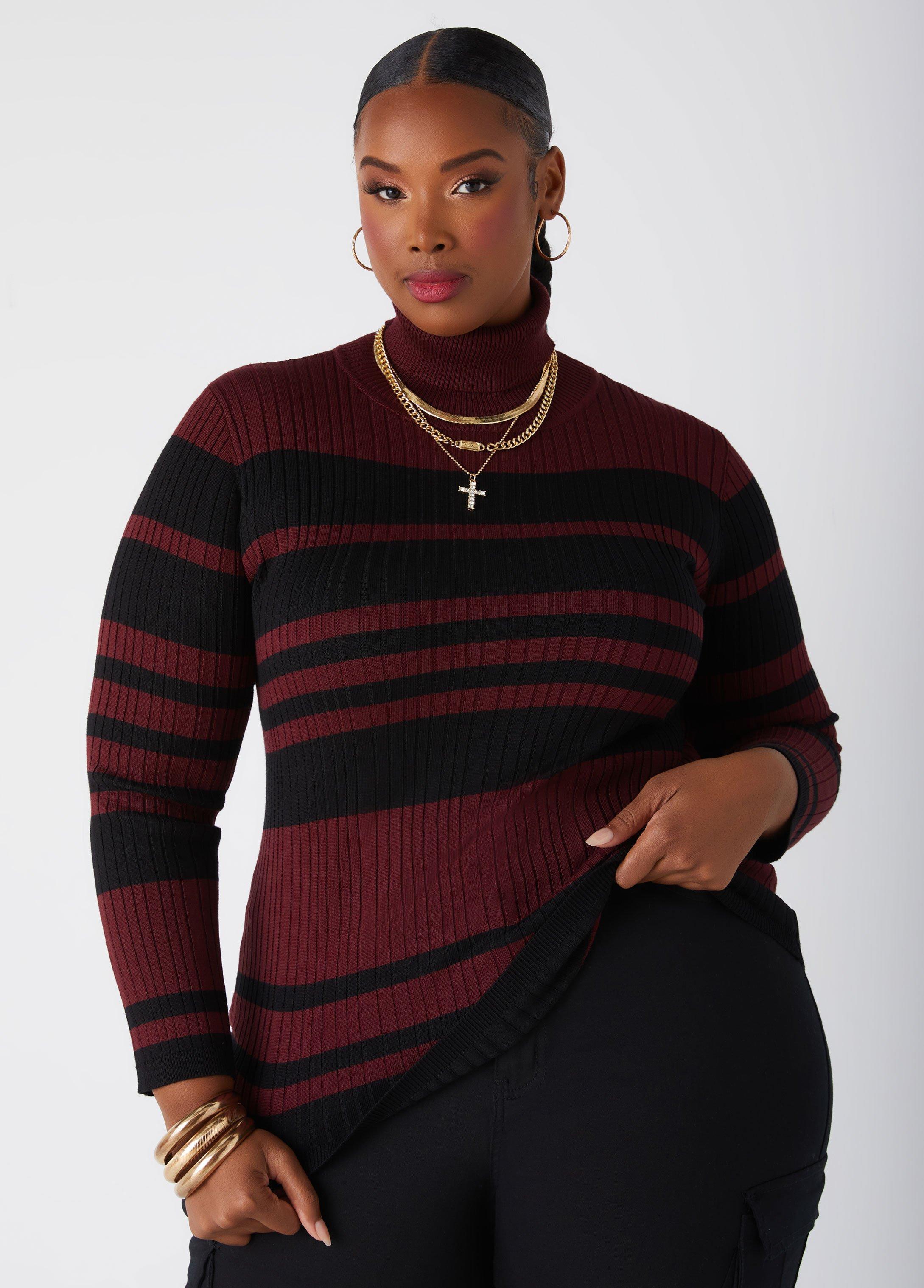 Striped Ribbed Turtleneck Sweater Product Image