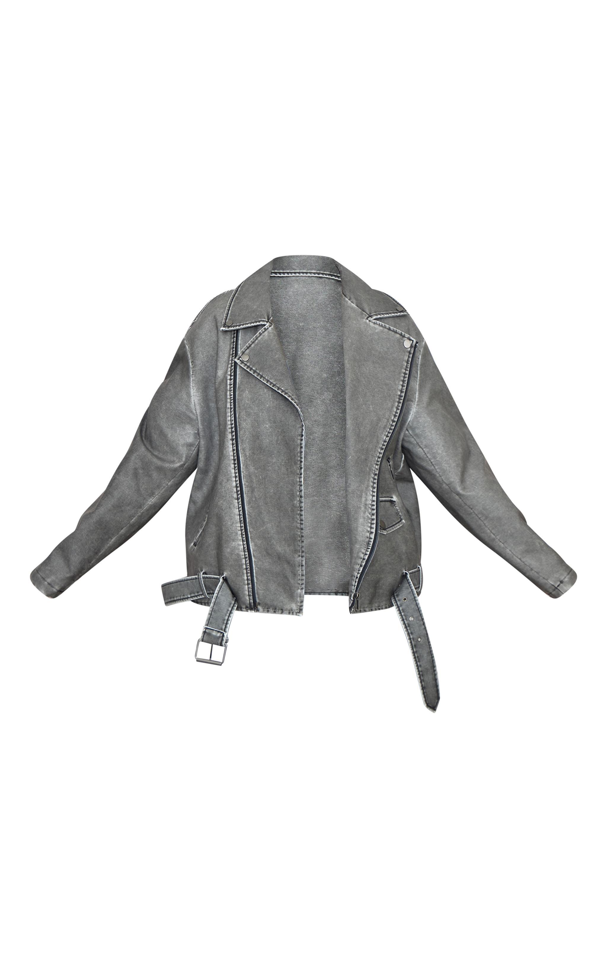 Plus Charcoal Distressed Look Faux Leather Longline Biker Jacket Product Image