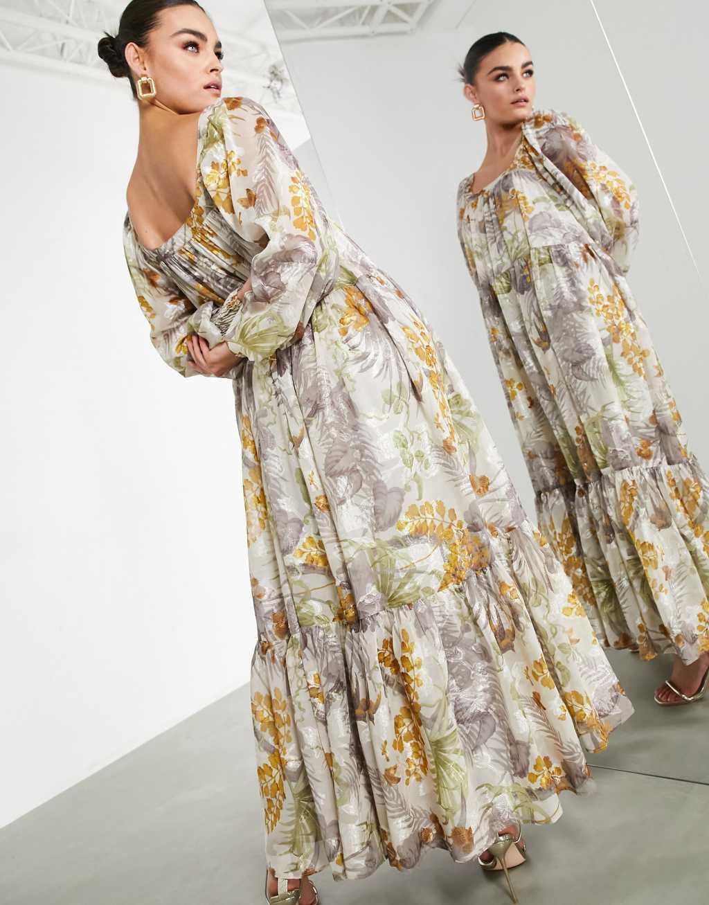 ASOS EDITION oversized maxi dress in floral satin burnout with square neck Product Image