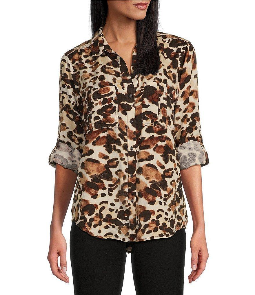 Westbound Woven Leopard Print Long Roll-Tab Sleeve Point Collar Y-Neck Button Front Shirt Product Image