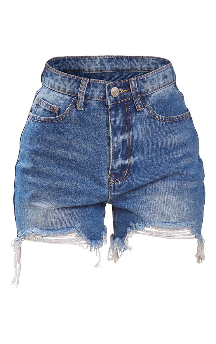 Petite Dark Blue Wash Ripped Denim Shorts Product Image