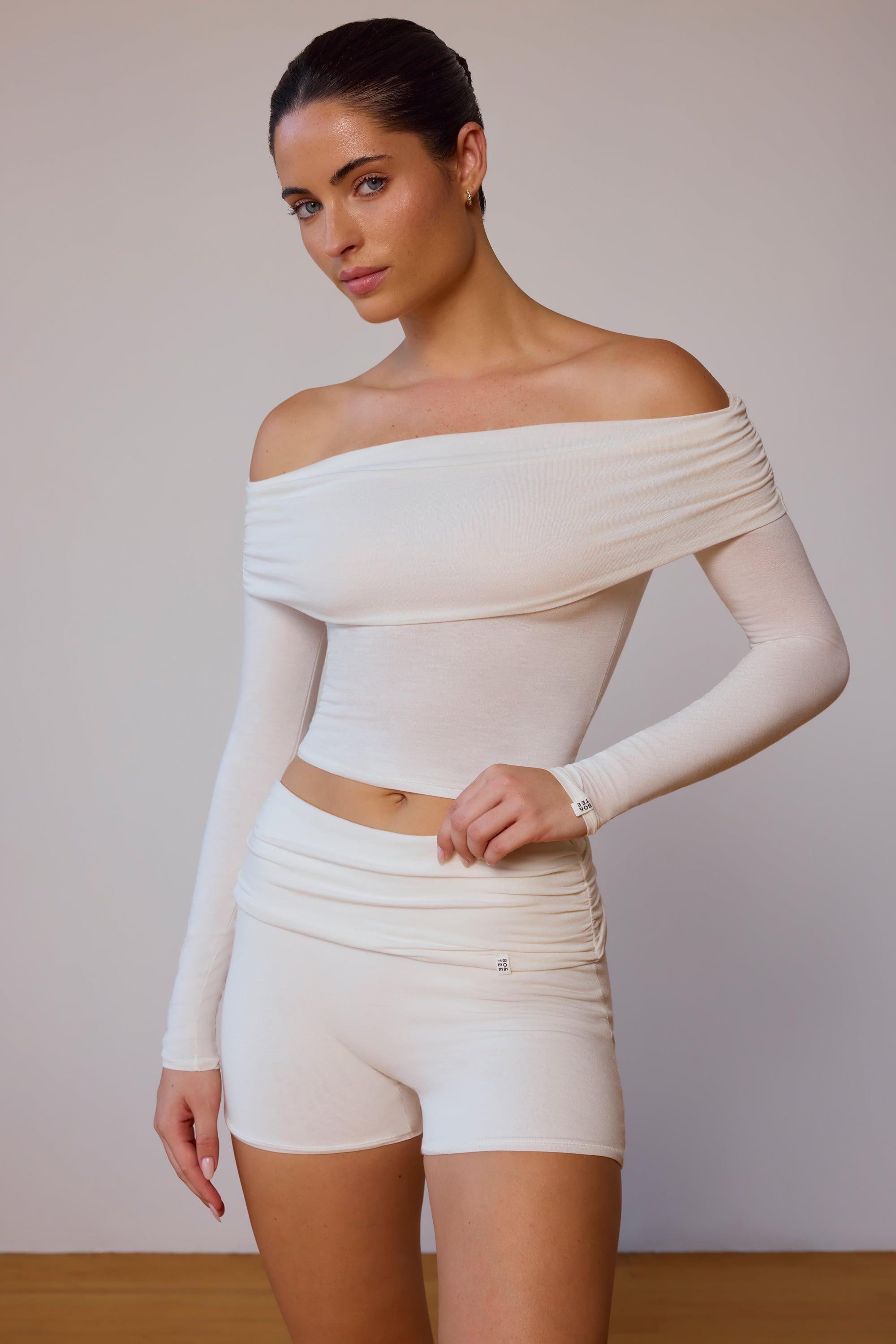 Sheer Off-Shoulder Long-Sleeve Top in Soft White Product Image