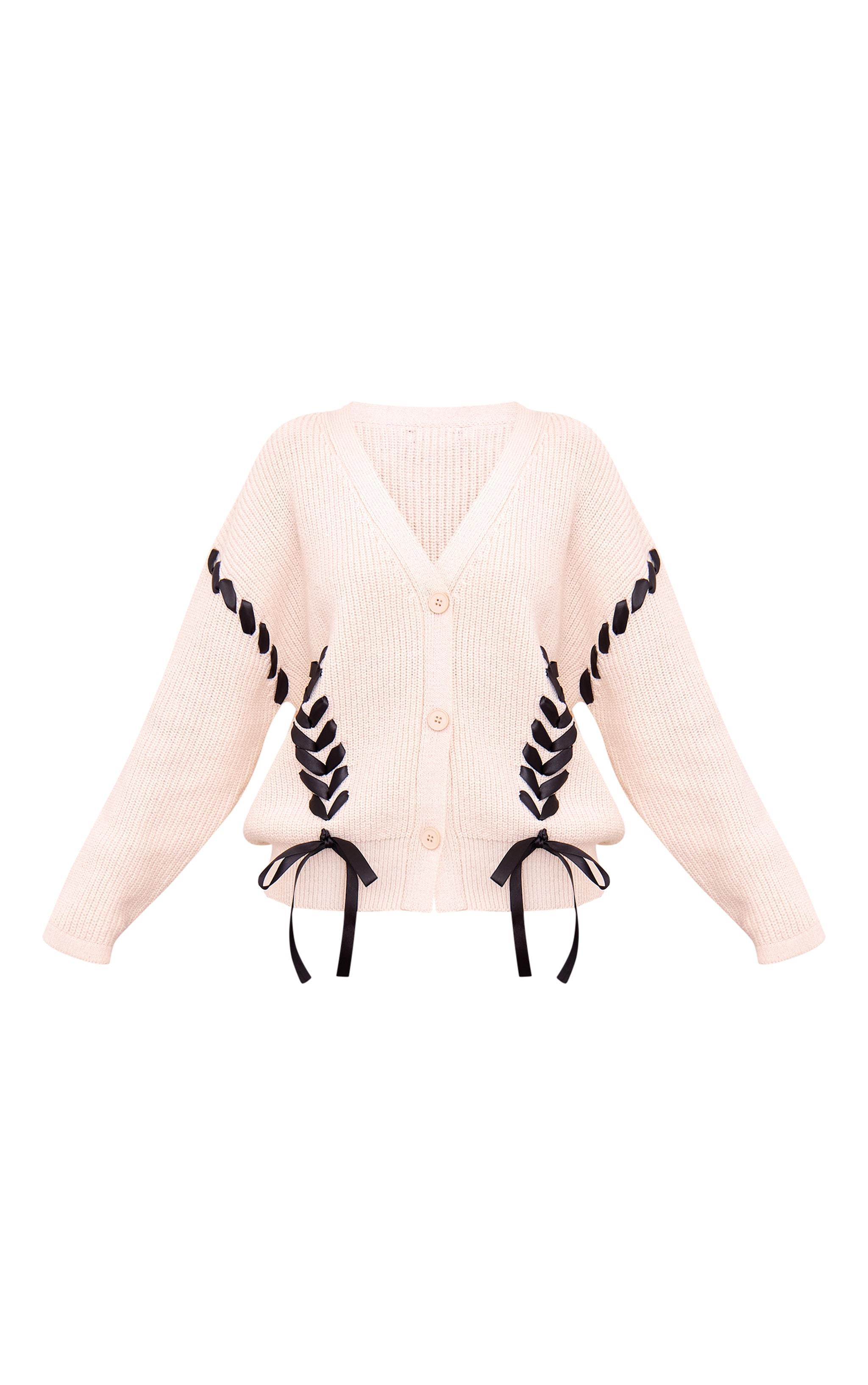 Cream Chunky Knit Ribbon Detail Cardigan Product Image