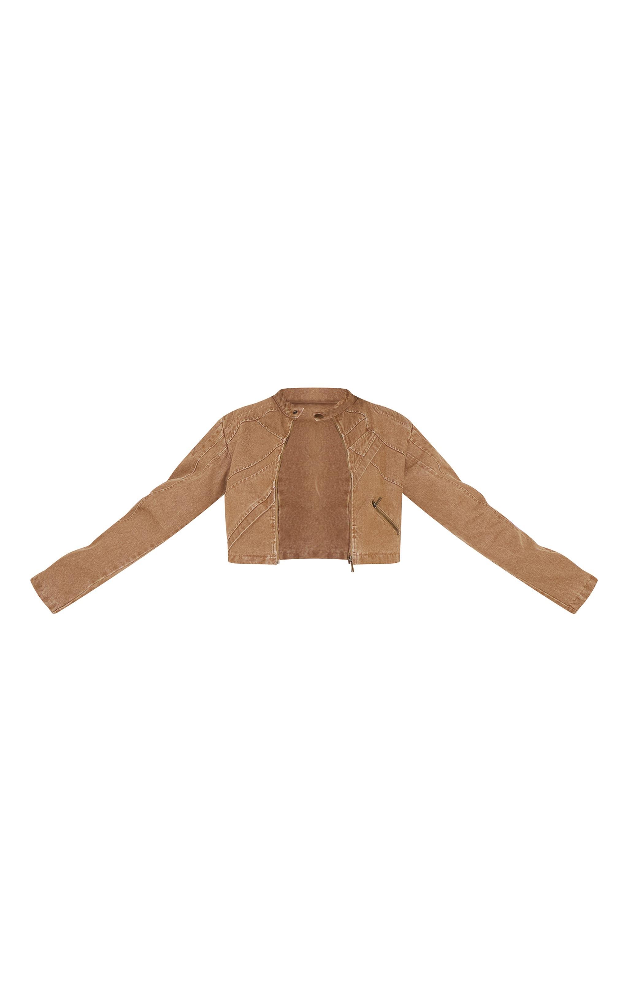 Brown Seam Detail Shoulder Padded Racer Cropped Denim Jacket Product Image