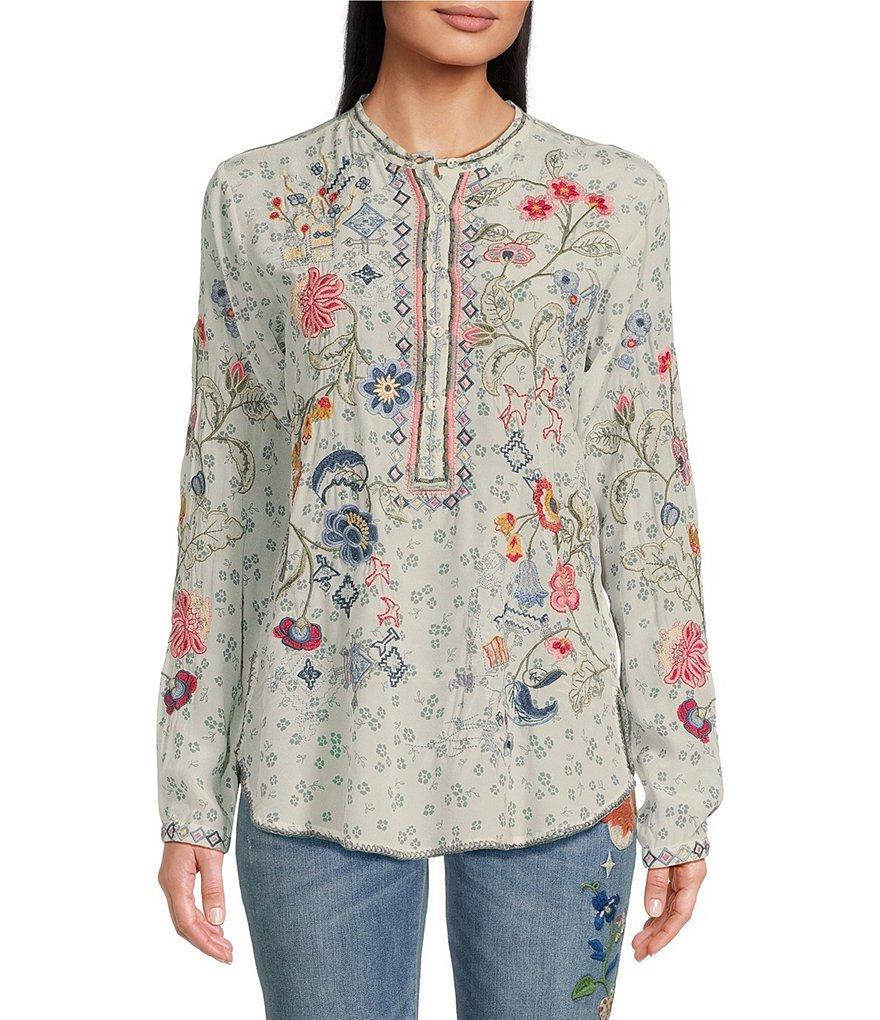 JOHNNY WAS Nya Silk V-Neck Long Sleeve Floral Embroidered Blouse Product Image