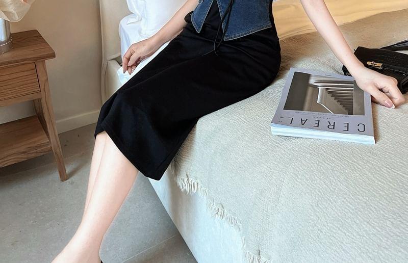 Mock Two-Piece Short-Sleeve Denim Panel Midi Sheath Dress Product Image