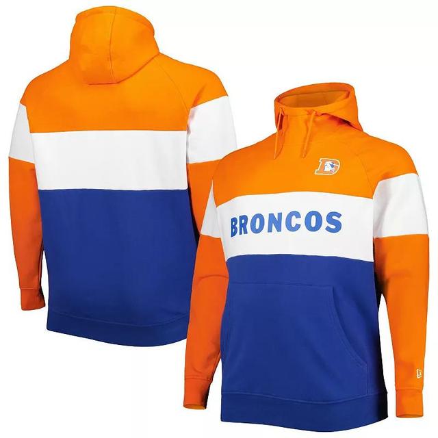 Mens New Era /Royal Denver Broncos Big & Tall Throwback Colorblock Fleece Raglan Pullover Hoodie Product Image