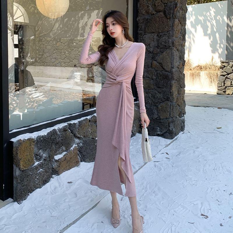 Long-Sleeve V-Neck Plain Tie Waist Slit Midi Sheath Dress Product Image