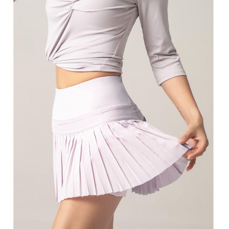 High Waist Plain Pleated Sports Skort Product Image