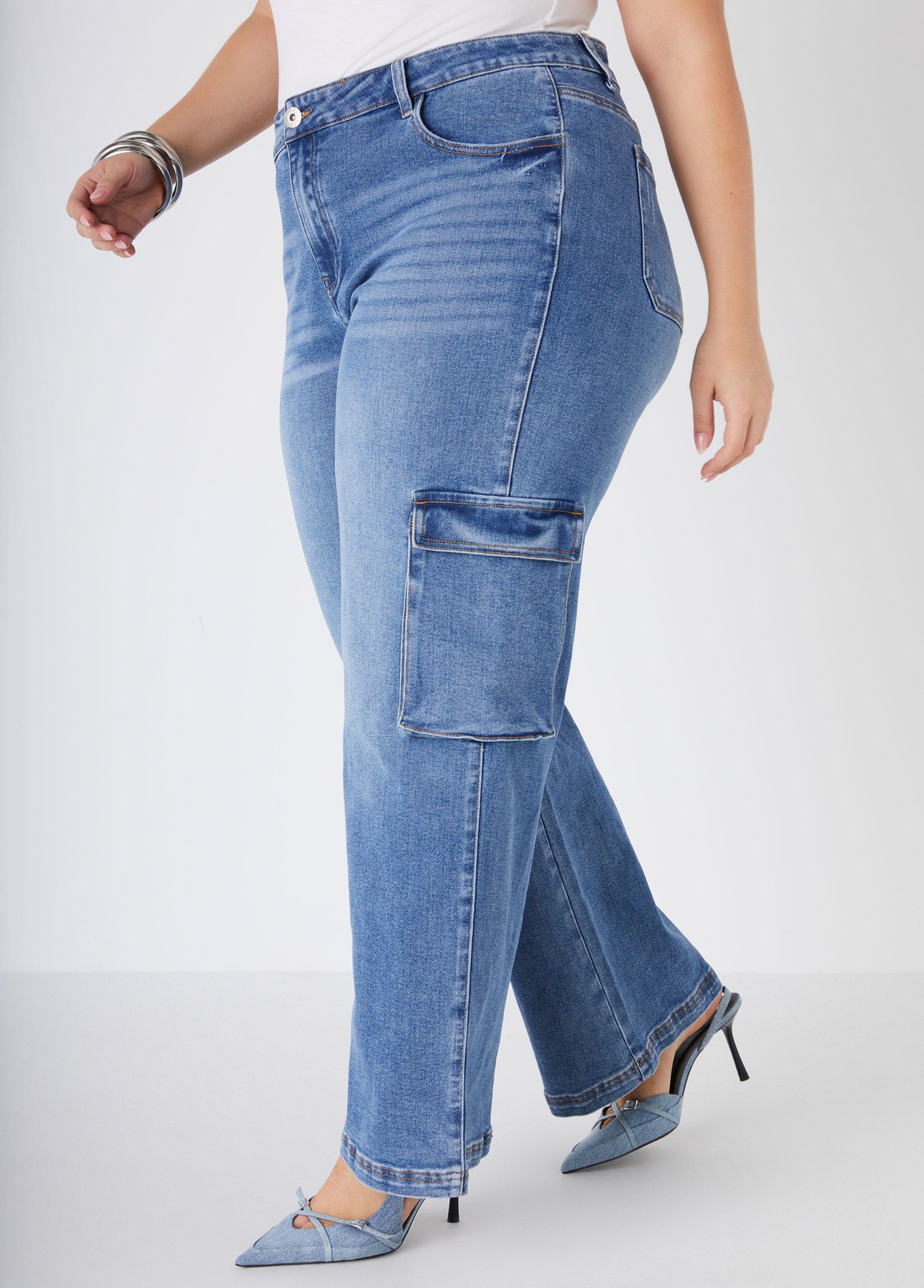 Plus Size Mid Rise Stretch Denim Cargo Jeans Ashley Stewart Product Image