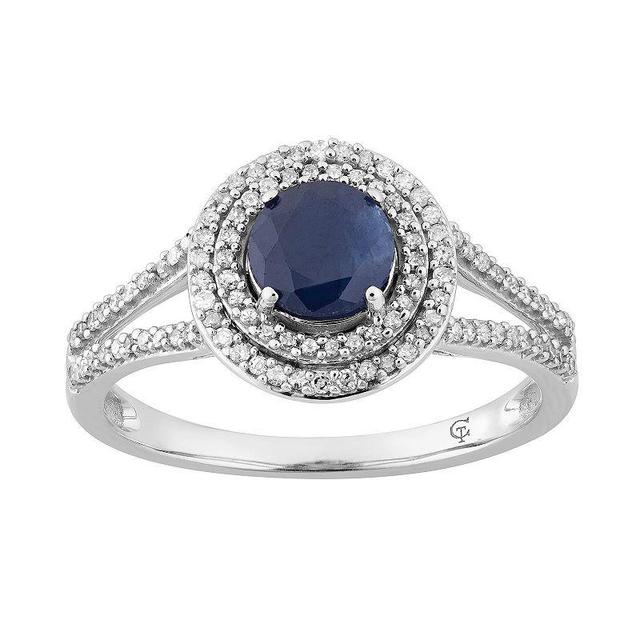 10k White Gold Sapphire & 1/3 Carat T.W. Diamond Halo Ring, Womens Blue Product Image