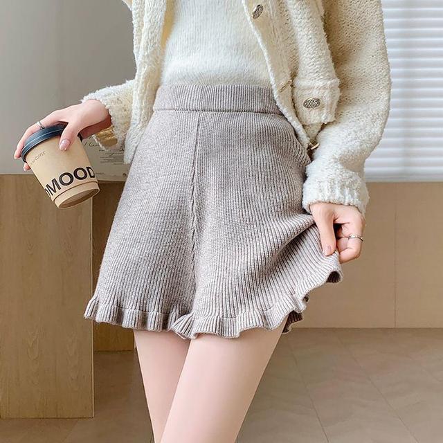 High Waist Frill Trim Plain Knit Shorts Product Image