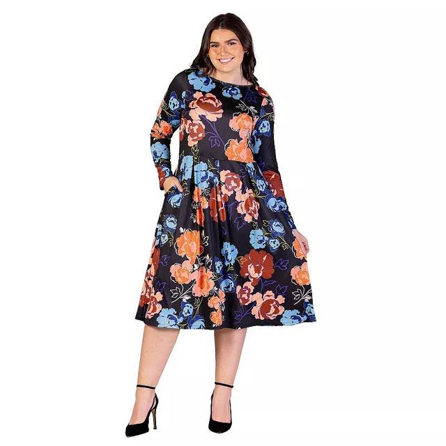 Plus Size 24Seven Comfort Apparel Wine Paisley Midi Length Long Sleeve Pocket Dress, Womens Blue Team Product Image