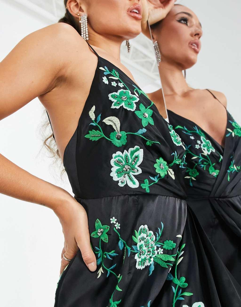 ASOS EDITION satin drape side cami midi dress with floral embroidery in black Product Image