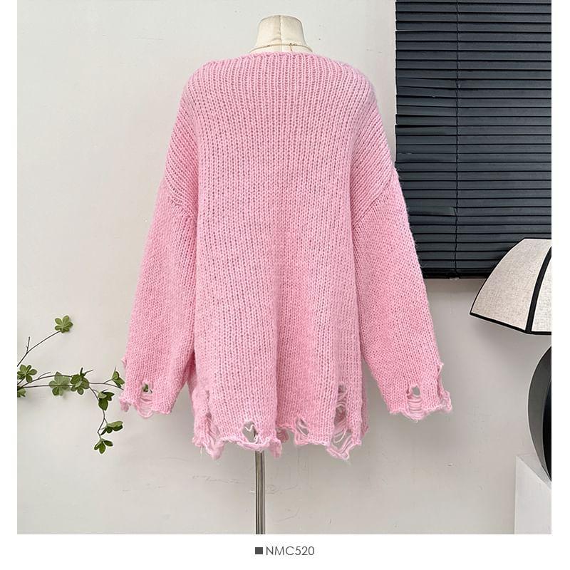 Oversized Distressed V-Neck Sweater in 6 Colors Product Image