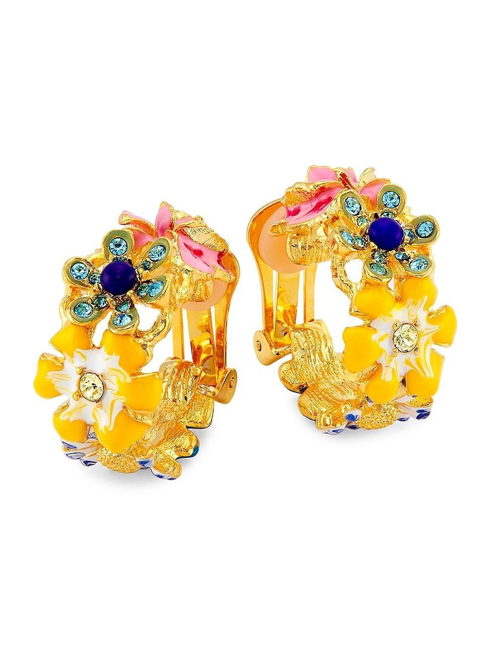 Womens 22K-Gold-Plated, Enamel & Glass Crystal Flower Clip-On Hoop Earrings Product Image