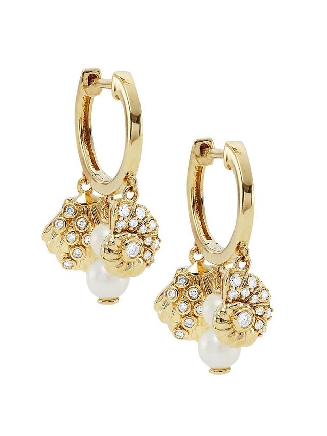 Womens 14K Yellow Gold, 3-4MM Pearl, & Diamond Huggie Hoop Earrings Product Image