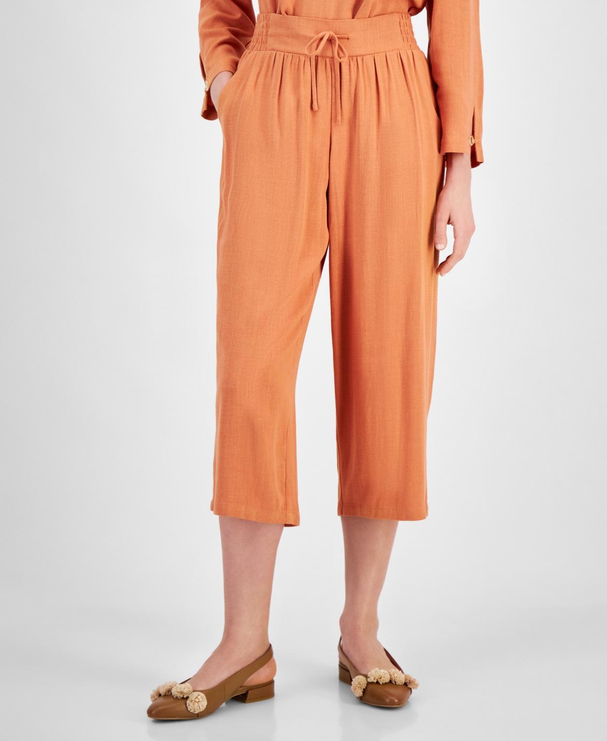 Jm Collection Womens Linen Blend Smocked-Waist Cropped Pants, Created for Macys Product Image